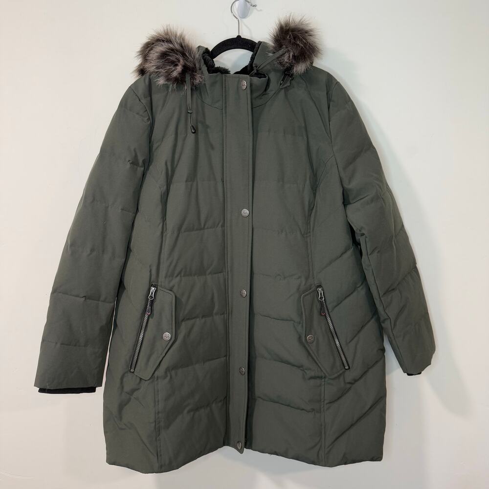 Women's Olive Puffer Jacket with Faux Fur Hood